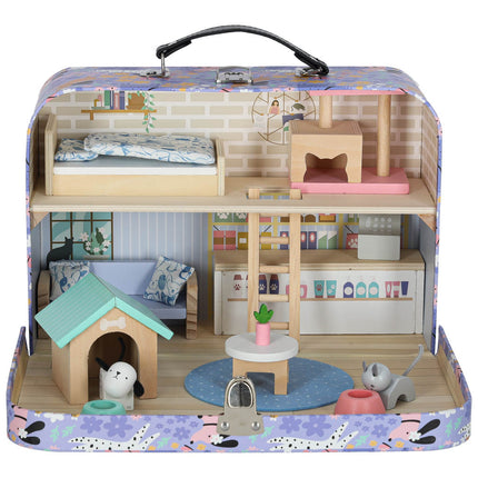 Speelhuis in Koffer met Meubels – Poppenhuis & Dierenhotel – 18-delige Houten Speelset – Vanaf 3 Jaar