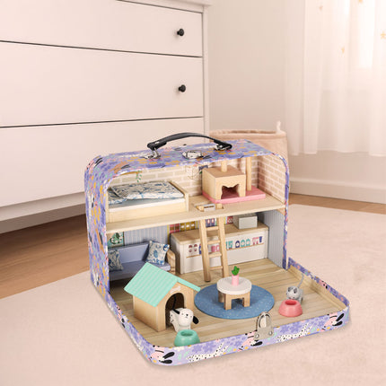 Speelhuis in Koffer met Meubels – Poppenhuis & Dierenhotel – 18-delige Houten Speelset – Vanaf 3 Jaar