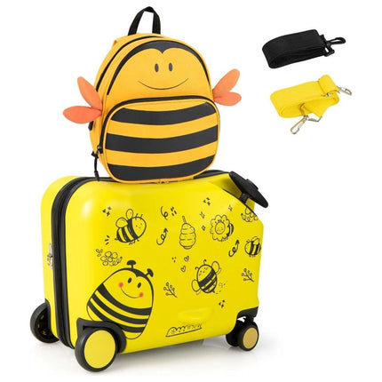 Trendmix 2 delige Ride On Koffer met Wielen inclusief rugtas Bijen geel - Handbagage Kind Kinderkoffer Handbagage 47 x 26,5 x 78,5 cm