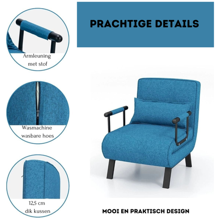 2de kansje Trendmix 4-in-1 Uitklapbare Slaapstoel Belastbaar Tot 150 kg Blauw - Inklapbare Slaapbank Met 6 Standen Verstelbare Rugleuning - Modern Design Logeerbed - Slaapfauteuil