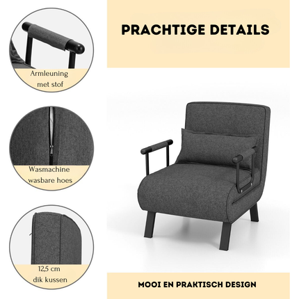 2de kansje Trendmix 4-in-1 Uitklapbare Slaapstoel Belastbaar Tot 150 kg Donkergrijs - Inklapbare Slaapbank Met 6 Standen Verstelbare Rugleuning - Modern Design Logeerbed - Slaapfauteuil