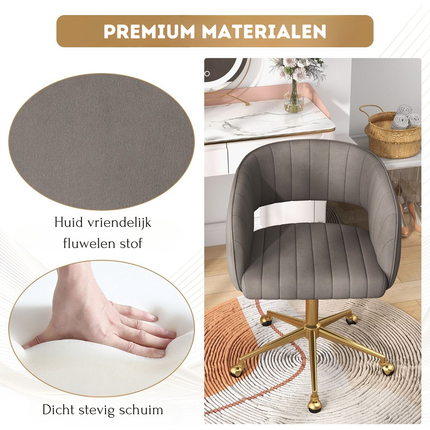 Trendmix Moderne Fluwelen Kantelbare Bureaustoel Grijs - Draaistoel met Gestoffeerde Rugleuning - Gouden Onderstel & 360° Wielen - In Hoogte Verstelbaar - 150 kg Belasting