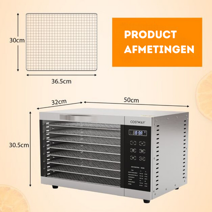 Costway Voedseldroger Met 8 Rekken Temperatuurregeling, Timer, Oververhittingsbeveiliging - Droogoven - Dehydrator - RVS 8 Laags Zilver