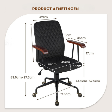 Trendmix Fluwelen Vintage Bureaustoel Met Kantelbare Rugleuning - 150 kg Draagvermogen - Ergonomische Verstelbare Draaibare Thuiskantoor Stoel - Zwart