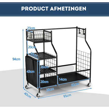 Trendmix Golftas opslagrek Metaal Zwart 95 cm x 40 cm x 94 cm - Garage Organizer Dubbele Golftas Standaard - 4 Universele Wielen Met Rem