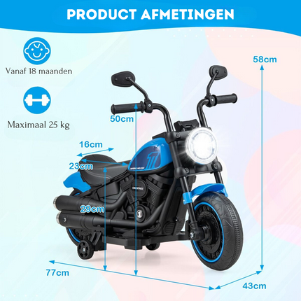Trendmix Elektrische Motorfiets Chopper voor Kinderen 6V 1,5-2,5 km/u Blauw - Zijwieltjes - LED Koplampen - Banden met Schroefdraad - Accuvoertuig