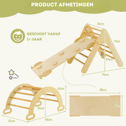 Trendmix 3 in 1 Houten Klimset voor Kinderen - Klimrek met Glijbaan - Klimdriehoek en Klimboog - Natuurlijk Hout