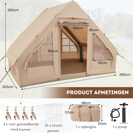 Trendmix Opblaasbare Tent Voor 4 Tot 6 Personen Beige - Kampeertent met Muskietennet - Wind- en waterdichte Katoenen Tent - 295 x 202 x 200 cm