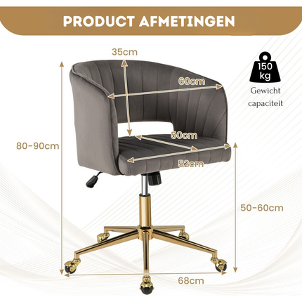 Trendmix Moderne Fluwelen Kantelbare Bureaustoel Grijs - Draaistoel met Gestoffeerde Rugleuning - Gouden Onderstel & 360° Wielen - In Hoogte Verstelbaar - 150 kg Belasting