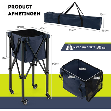 Trendmix Verrijdbare Aluminium Ballenmand Draagbaar Met 4 Wielen - Tot 150 Tennisballen - Inklapbaar En Lichtgewicht - Ballenkar trolley -  Met Zijvak en Draagtas - Blauw