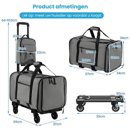 Trendmix Transporttrolley Hond & Kat – Inklapbare Draagtas en Hondenbuggy op Wieltjes – Telescoopgreep – Grijs