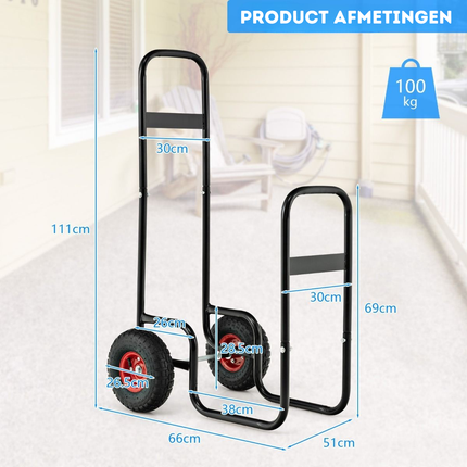 Trendmix Metalen Brandhoutkar 150 kg belasting 66 x 51 x 111 cm - Houtkar transportwagen - Brandhoutwagen Steekwagen - Slijt- en Stootvaste Rubberen Wielen