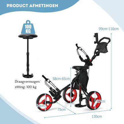 Trendmix Golf trolley Met 3 Wielen Verstelbaar Lichtgewicht - Golfwagen Met Parapluhouder, Zitje En Opbergtas Rood/Zwart 130 x 75 x 98,5-115,5 cm