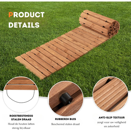 Trendmix Houten Oprolbaar Tuinpad 245 x 43 x 2 cm - Weerbestendig Antisliptextuur Buitenpad - Houten Pad voor Tuin Binnenplaats Aan Zee