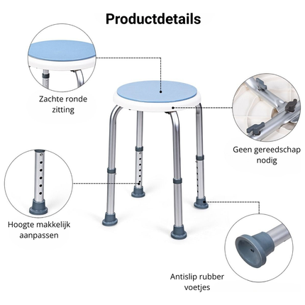 Trendmix Draaibare Douchekruk 360° – 6 Hoogte-instellingen – Antislip – Aluminium – Tot 120 kg – Voor Ouderen & Revalidatie