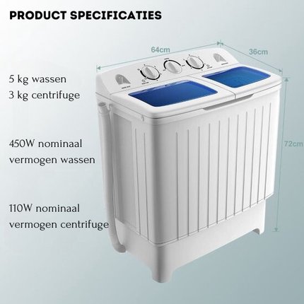 2de kansje Costway camping wasmachine met dubbele trommel 5 Kg was / 3 Kg centrifuge laadvermogen wit / blauw