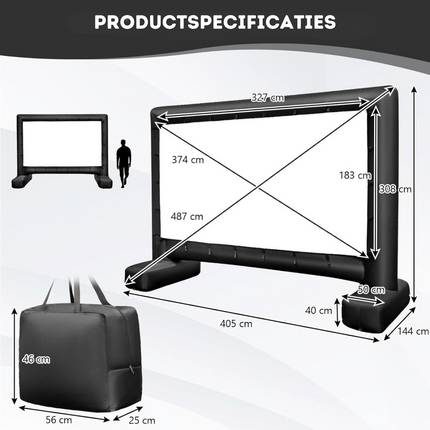 Trendmix HD 4K Opblaasbaar Projectiescherm - 16:9 Dubbelzijdig Buitenprojectiescherm - 405 x 144 x 308 cm Zwart