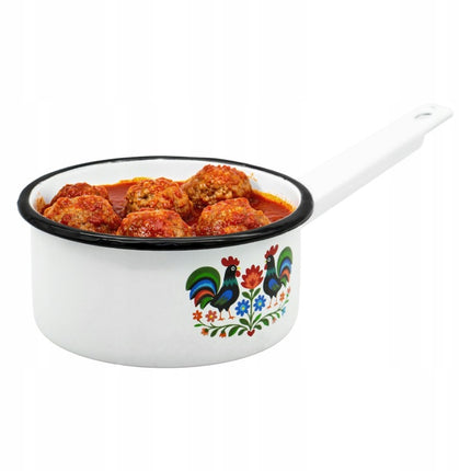 Emaille Steelpan 1 Liter – Geëmailleerde Sauspan 14 cm met Handvat – Folk Design – Wit