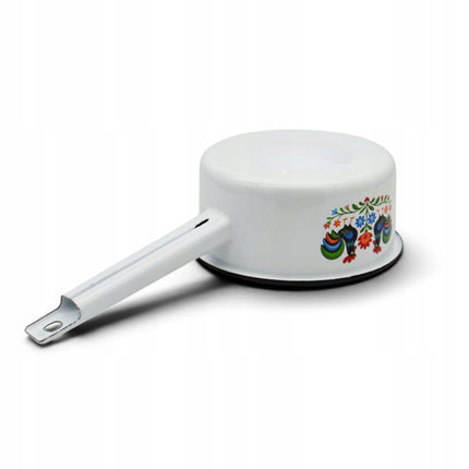 Emaille Steelpan 1,5 Liter – Geëmailleerde Sauspan 16 cm met Handvat – Folk Design – Wit