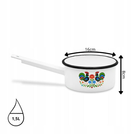 Emaille Steelpan 1,5 Liter – Geëmailleerde Sauspan 16 cm met Handvat – Folk Design – Wit