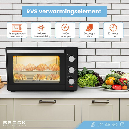 Brock Electronics Elektrische Mini Oven 30L – Vrijstaande Convectie Grill Oven 1600W - Zwart