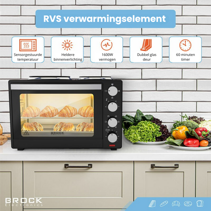 Brock Electronics Elektrische Mini Oven 30L met 2 Kookplaten – Vrijstaande Convectie Oven met Grill en Kookplaten – 1600W - Zwart