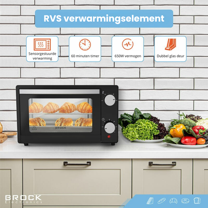 Brock Electronics Elektrische Mini Oven 9L 100-230 ℃ - Vrijstaande Oven - 650W - Zwart
