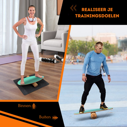 2de kansje Trendmix Balance Board Houten Balans Trainer Trickboard - Incl. Kurkrol En Viltmat - Maximale Draaggewicht 227kg - Balansbord Met 8 Geperste Houtlagen