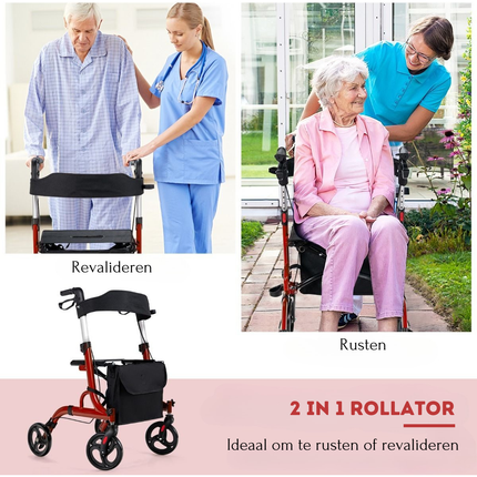 Trendmix Opvouwbare Lichtgewicht Rollator Met Zitting En Loophulp - 6-Voudig In Hoogte Verstelbaar Loopwagen - Tas En Stokhouder & 2 Remmen - Rood