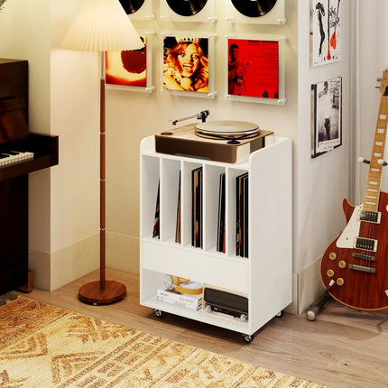 Vinyl Platenkast Wit met Wielen – Platenspeler Meubel met 5 Opbergvakken, Lade en Opbergplank