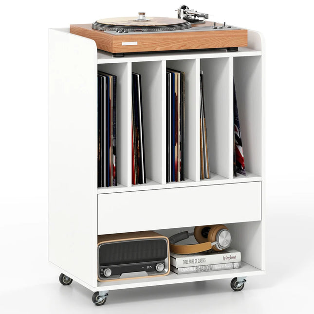 Vinyl Platenkast Wit met Wielen – Platenspeler Meubel met 5 Opbergvakken, Lade en Opbergplank