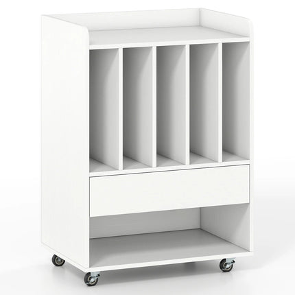 Vinyl Platenkast Wit met Wielen – Platenspeler Meubel met 5 Opbergvakken, Lade en Opbergplank