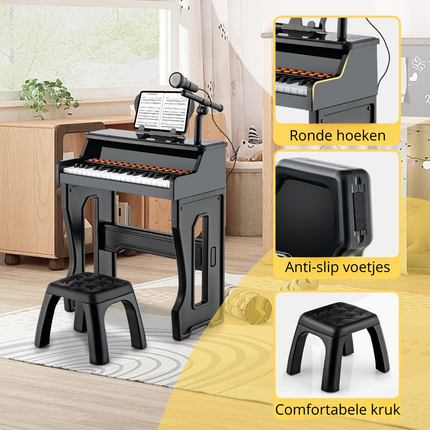 Trendmix 37 Toetsen Elektronisch Kinderpiano - Kinderpiano met kruk, Microfoon en Bladmuziekstandaard  - Piano voor kinderen vanaf 3 jaar- 41 x 22,5 x 49 cm Zwart