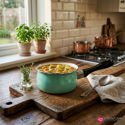 Emaille Steelpan 0,9 Liter – Sauspan 14 cm met Lang Handvat – Geëmailleerd Staal – Mintgroen