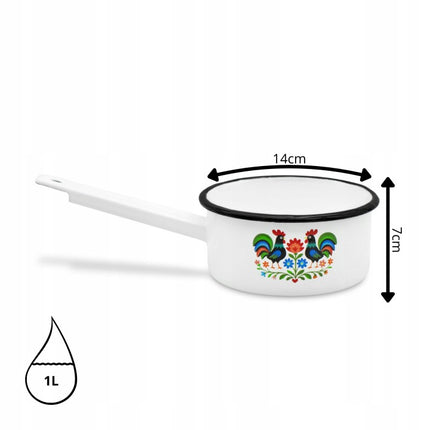 Emaille Steelpan 1 Liter – Geëmailleerde Sauspan 14 cm met Handvat – Folk Design – Wit