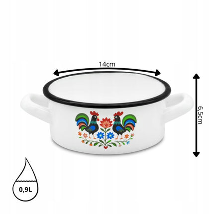 Emaille Braadpan 0,9 Liter – Kleine Lage Kookpan 14 cm – Geëmailleerde Pan Folk Design – Wit