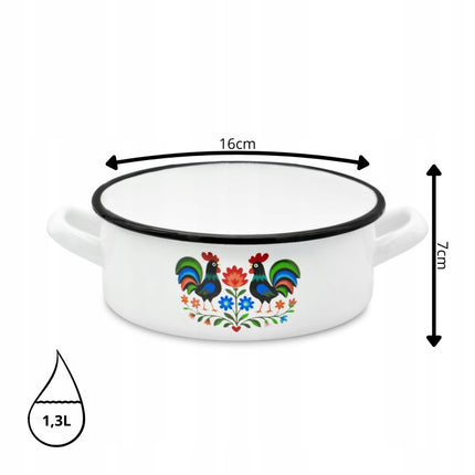 Emaille Braadpan 1,3 Liter – Lage Kookpan 16 cm – Geëmailleerde Pan Folk Design – Wit
