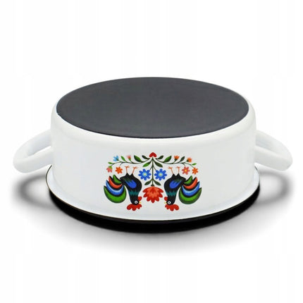 Emaille Braadpan 0,9 Liter – Kleine Lage Kookpan 14 cm – Geëmailleerde Pan Folk Design – Wit
