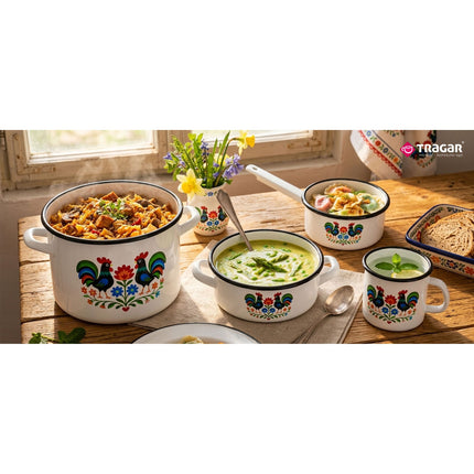Emaille Braadpan 0,9 Liter – Kleine Lage Kookpan 14 cm – Geëmailleerde Pan Folk Design – Wit