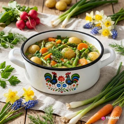 Emaille Braadpan 1,3 Liter – Lage Kookpan 16 cm – Geëmailleerde Pan Folk Design – Wit