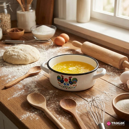Emaille Braadpan 0,9 Liter – Kleine Lage Kookpan 14 cm – Geëmailleerde Pan Folk Design – Wit