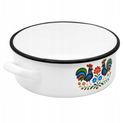 Emaille Braadpan 1,3 Liter – Lage Kookpan 16 cm – Geëmailleerde Pan Folk Design – Wit