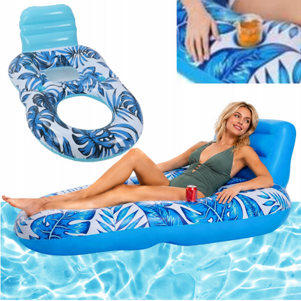 Opblaasbaar Luchtbed Waterstoel 2-in-1 met Rugleuning en Bekerhouder – Waterhangmat – Blauw/Wit – Tot 90 kg
