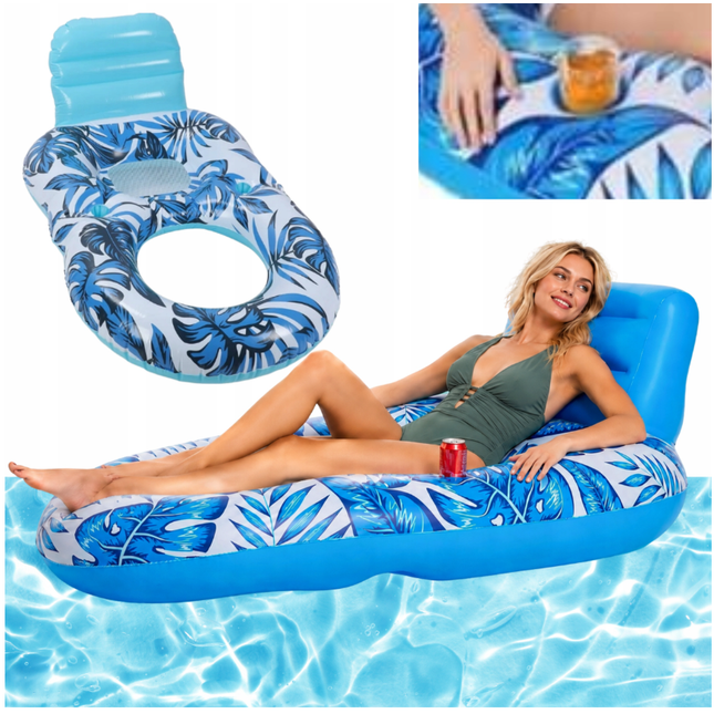 Opblaasbaar Luchtbed Waterstoel 2-in-1 met Rugleuning en Bekerhouder – Waterhangmat – Blauw/Wit – Tot 90 kg