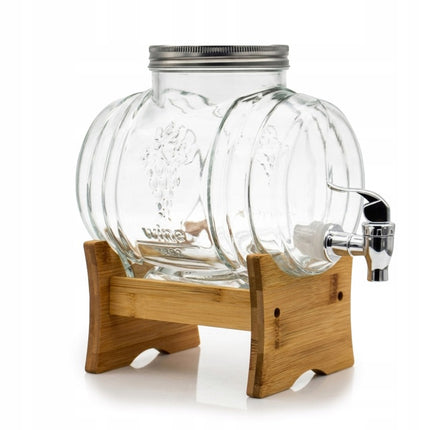 Barrel Drankdispenser 3 Liter met Kraantje en Bamboe Standaard – Glazen Vatvormige Sapdispenser voor Limonade, Water, Sap en IJsthee