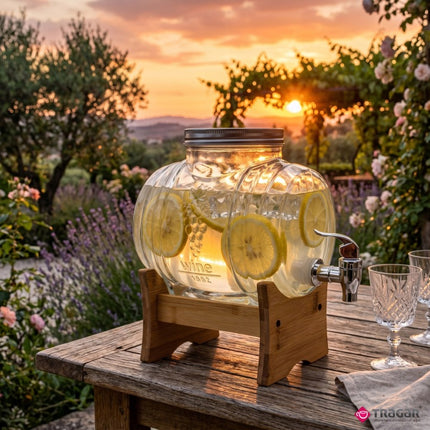 Barrel Drankdispenser 3 Liter met Kraantje en Bamboe Standaard – Glazen Vatvormige Sapdispenser voor Limonade, Water, Sap en IJsthee
