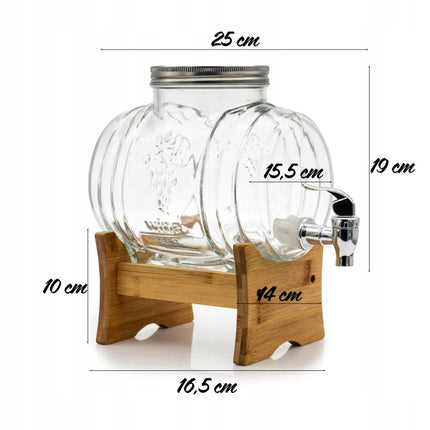 Barrel Drankdispenser 3 Liter met Kraantje en Bamboe Standaard – Glazen Vatvormige Sapdispenser voor Limonade, Water, Sap en IJsthee