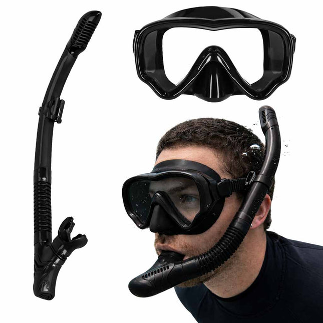 Snorkelset Volwassenen – Duikbril met Snorkel – Droog Snorkelsysteem – Gehard Glas – 180° Panoramisch Zicht – Zwart