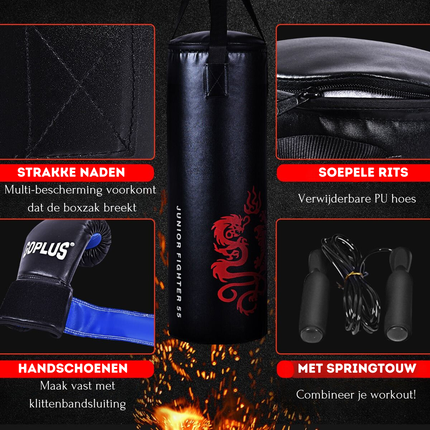 Trendmix 5-Delige Bokszak set voor Kinderen 20 kg - Zware Bokszak met Bokshandschoenen - Springtouw Draagtas Plafondhaak - Zwart