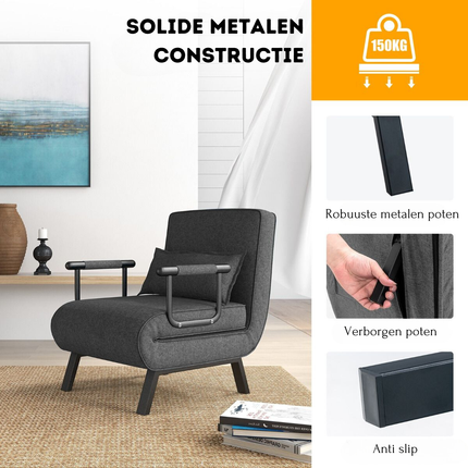 2de kansje Trendmix 4-in-1 Uitklapbare Slaapstoel Belastbaar Tot 150 kg Donkergrijs - Inklapbare Slaapbank Met 6 Standen Verstelbare Rugleuning - Modern Design Logeerbed - Slaapfauteuil